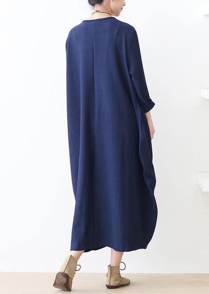 Knitted Blue Sweater Dress Outfit O Neck Pockets Mujer Fall Sweater Dresses