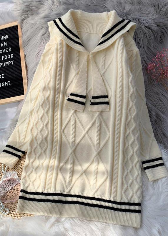 Knitted High Neck Patchwork Sweater Fall Dresses Beige Daily Sweater Dresses