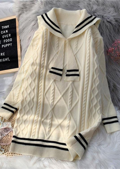 Knitted High Neck Patchwork Sweater Fall Dresses Beige Daily Sweater Dresses