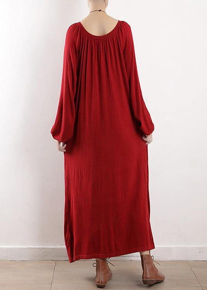 Knitted O Neck Cinched Sweater Dress Outfit Red Daily Knitwear Fall