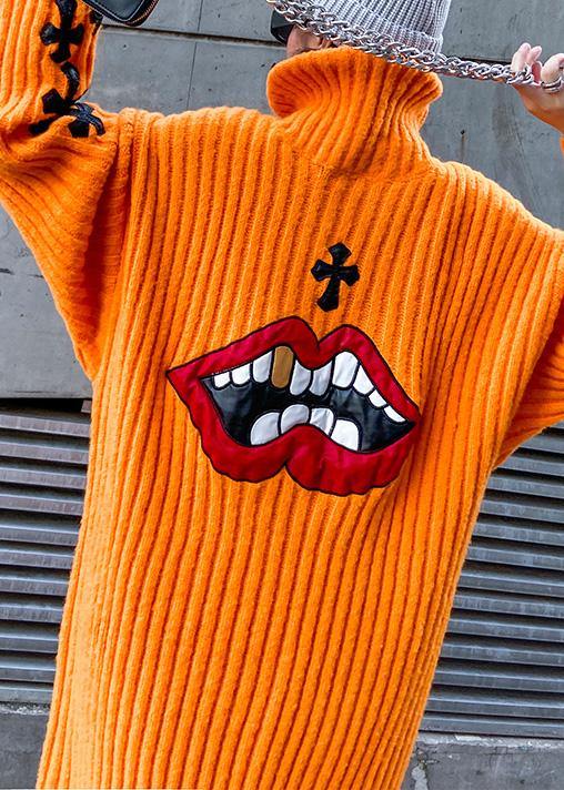 Knitted Orange Sweater Weather Street Style Appliques Tejidos High Neck Sweater Dresses