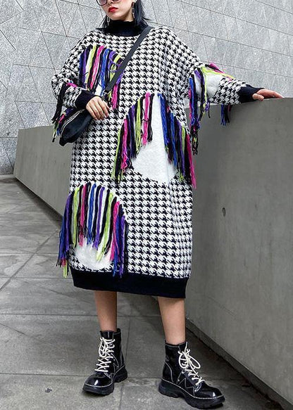 Knitted Plaid Sweater Dresses Design Tassel Oversized High Neck Sweater Dresses