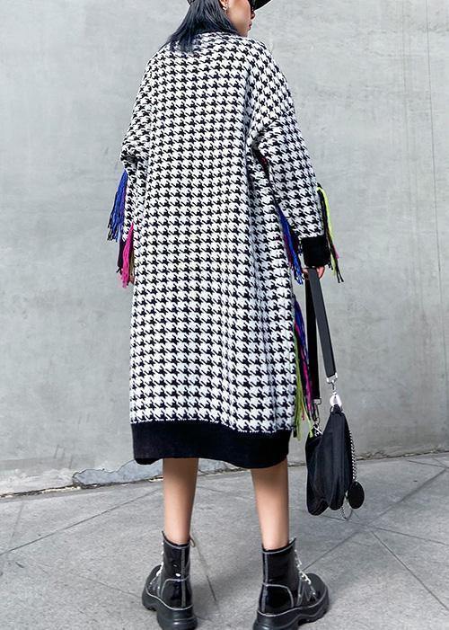 Knitted Plaid Sweater Dresses Design Tassel Oversized High Neck Sweater Dresses