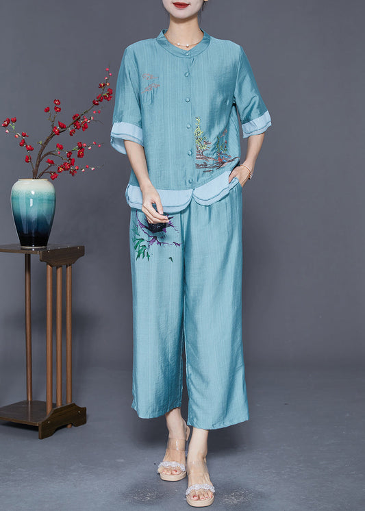 Lake Blue Patchwork Linen Silk Two Piece Set Clothing Embroideried Summer