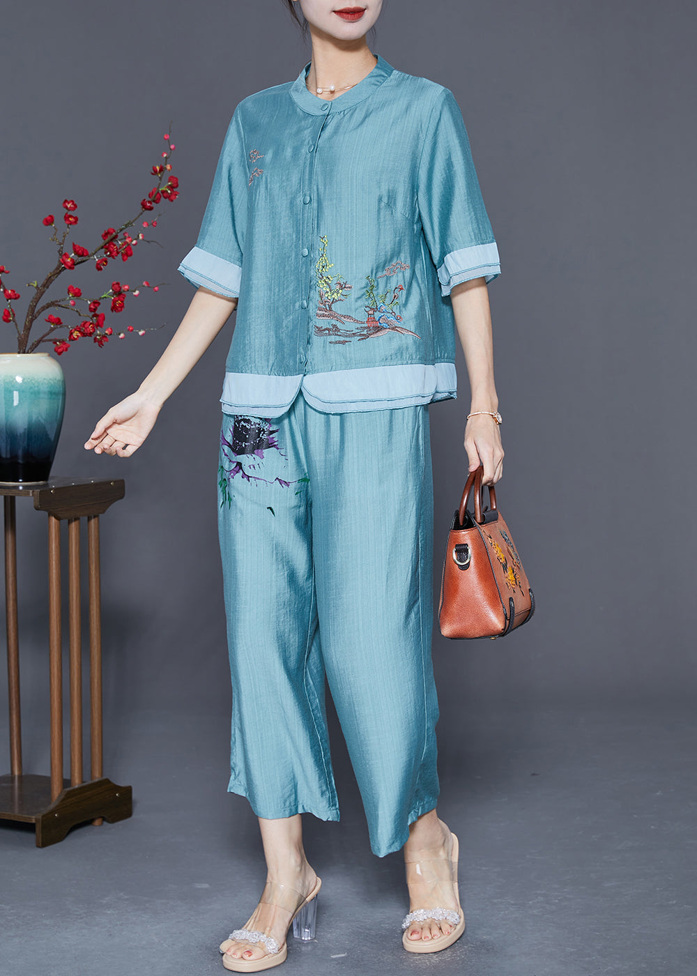 Lake Blue Patchwork Linen Silk Two Piece Set Clothing Embroideried Summer