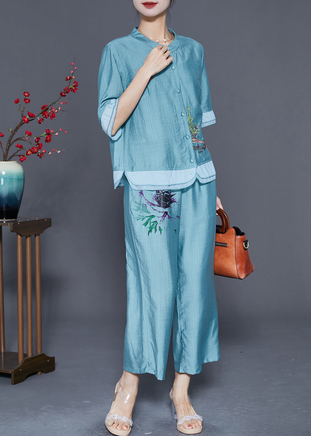 Lake Blue Patchwork Linen Silk Two Piece Set Clothing Embroideried Summer