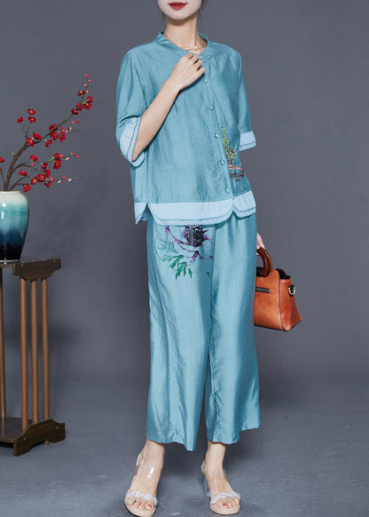Lake Blue Patchwork Linen Silk Two Piece Set Clothing Embroideried Summer