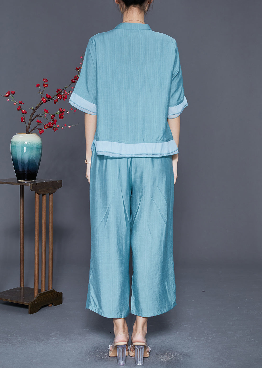 Lake Blue Patchwork Linen Silk Two Piece Set Clothing Embroideried Summer