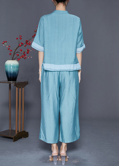 Lake Blue Patchwork Linen Silk Two Piece Set Clothing Embroideried Summer