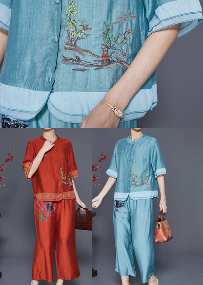 Lake Blue Patchwork Linen Silk Two Piece Set Clothing Embroideried Summer