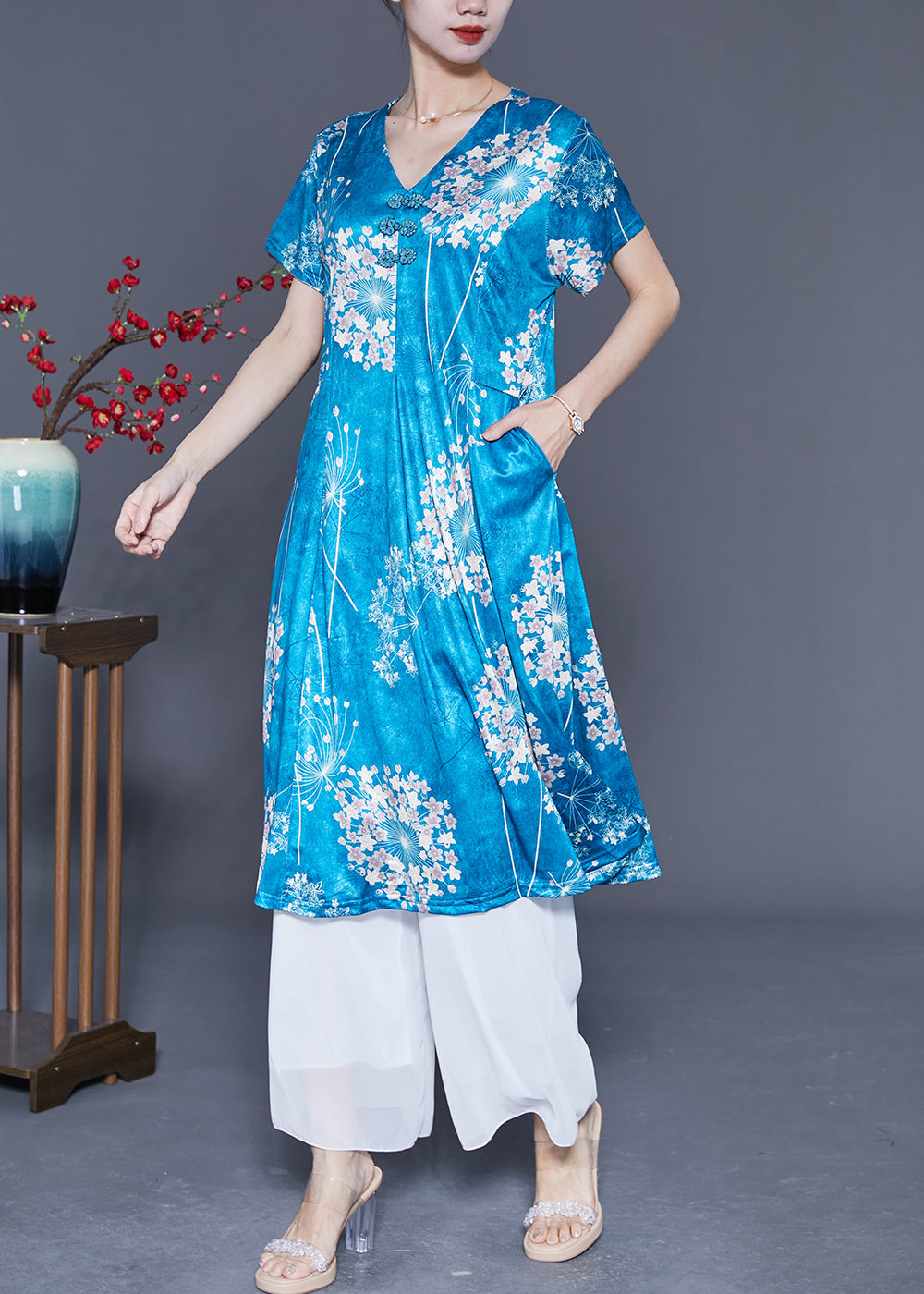 Lake Blue Print Silk a Line Dress Chinese Button Summer