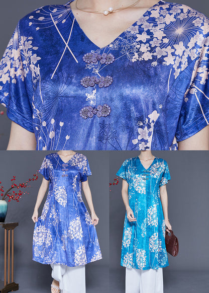 Lake Blue Print Silk a Line Dress Chinese Button Summer