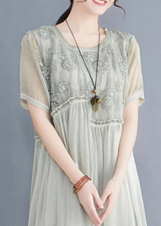 Lake Green Loose Silk Dresses O-neck Ruffled Short Sleeve