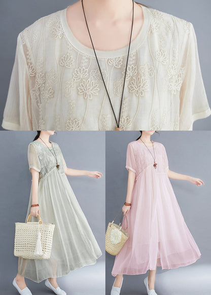 Lake Green Loose Silk Dresses O-neck Ruffled Short Sleeve