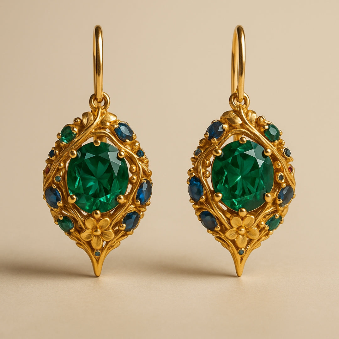 Green & Blue Crystal Gold Earrings