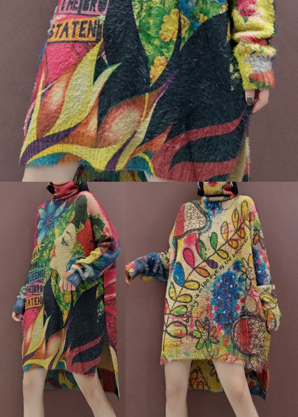 Leaves Print Loose Knit Dresses Side Open Spring