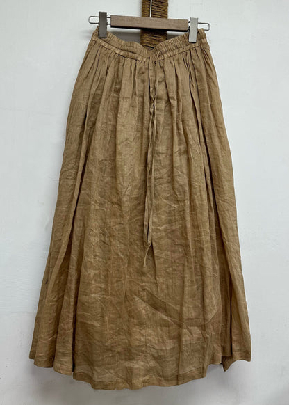 Leisure Khaki Elastic Waist Linen Long Skirt for Summer