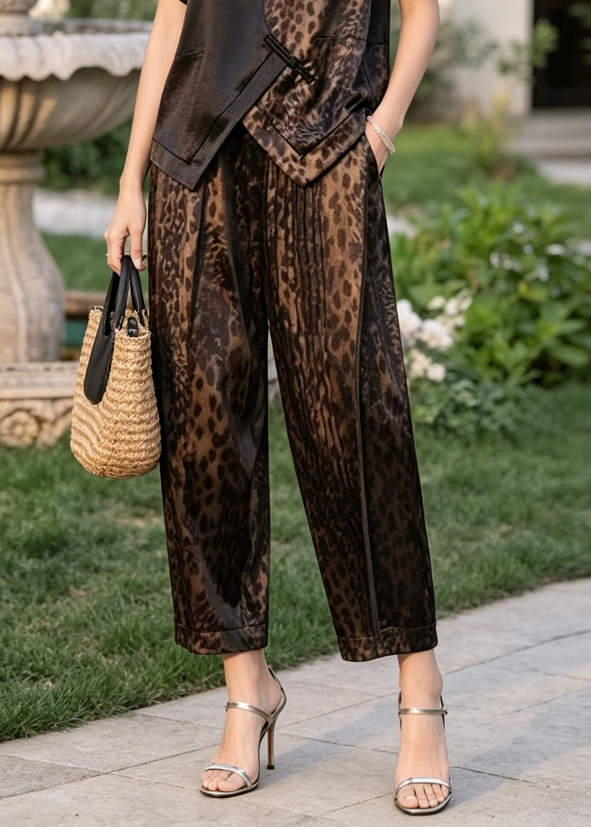 Leopard Print Patchwork Silk Two Pieces Set Asymmetrical Design Summer