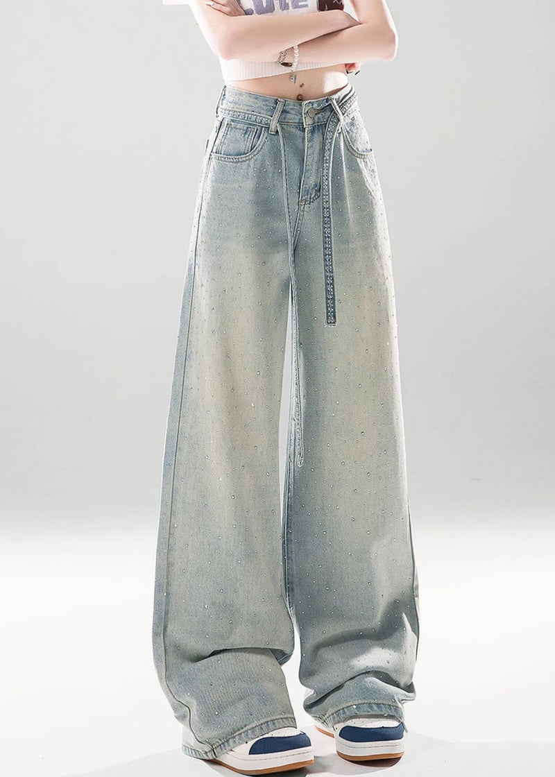 Light Blue Gradient Color Pockets High Waist Denim Pants Zircon