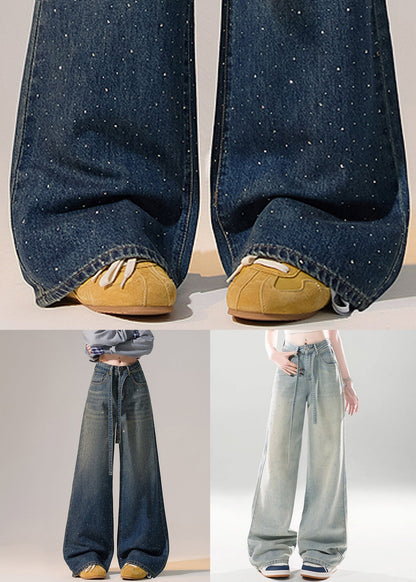 Light Blue Gradient Color Pockets High Waist Denim Pants Zircon