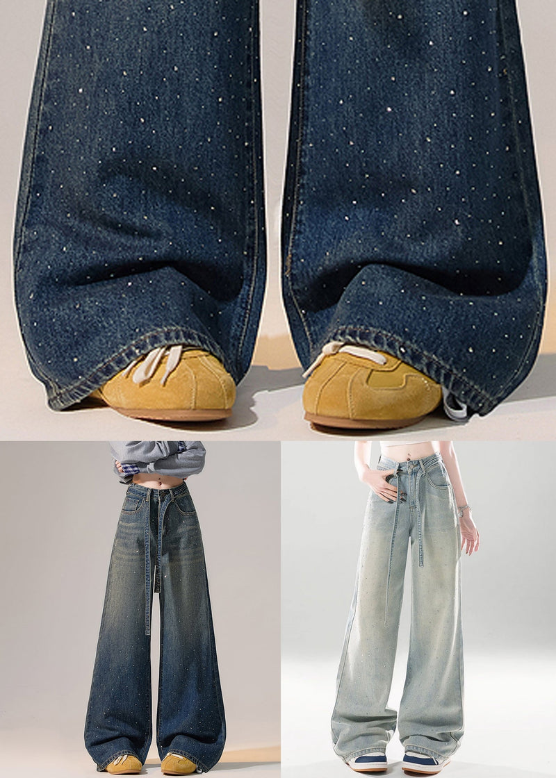 Light Blue Gradient Color Pockets High Waist Denim Pants Zircon