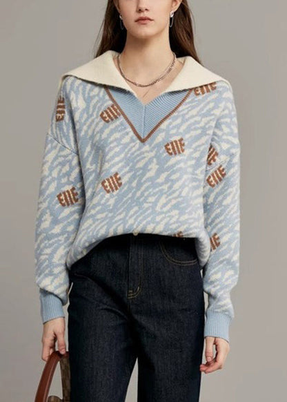 Light Blue Original Design Knit Sweaters Sailor Collar Spring