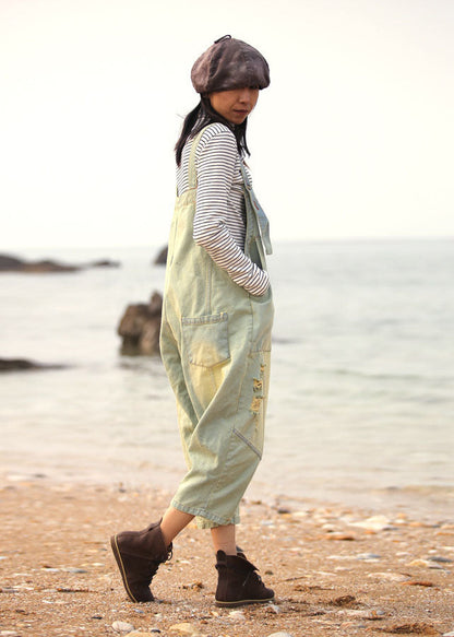 Light Blue Patchwork Cotton Loose Jumpsuit Ripped Spring