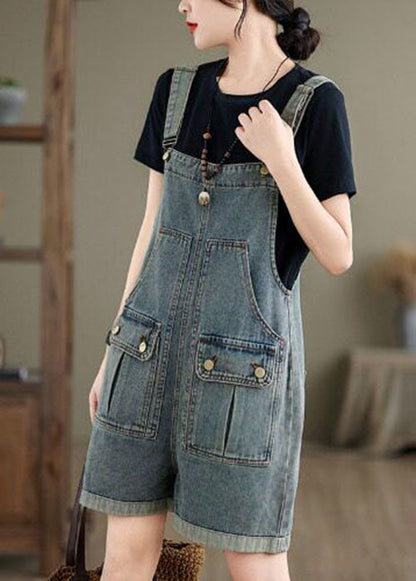 Light Blue Patchwork Denim Jumpsuit Pockets Summer