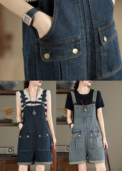Light Blue Patchwork Denim Jumpsuit Pockets Summer