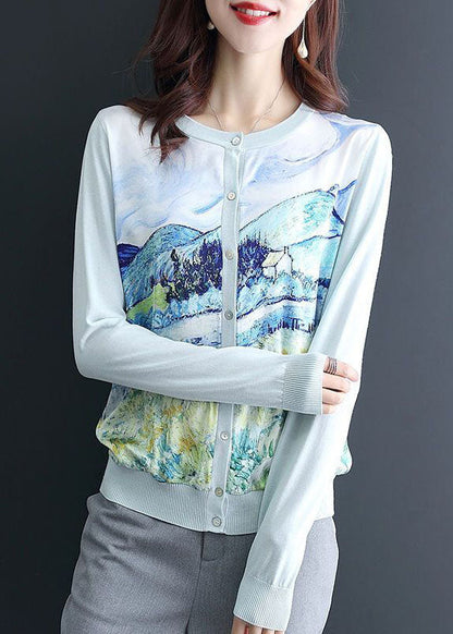 Light Blue Print Knit Cardigan O-neck Oversized Spring