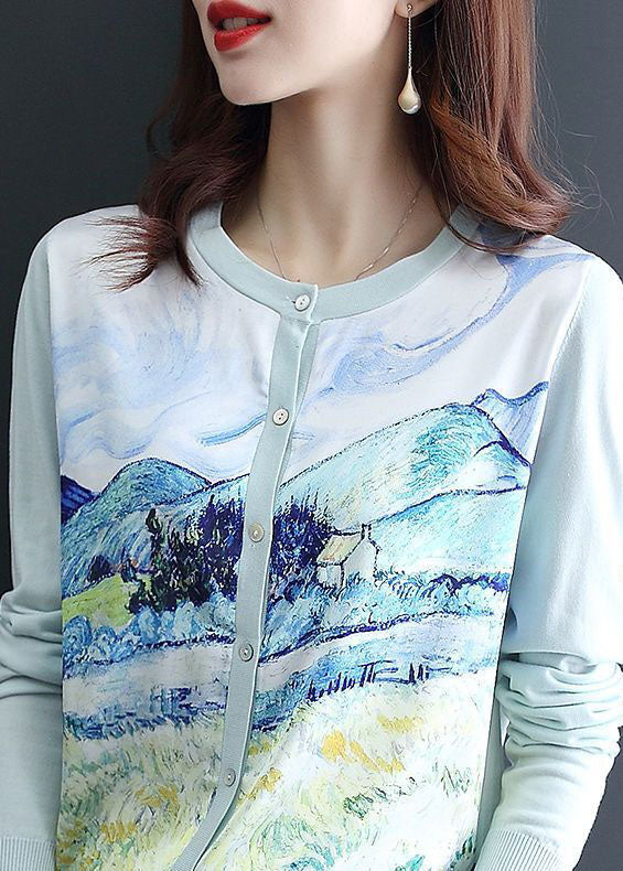 Light Blue Print Knit Cardigan O-neck Oversized Spring