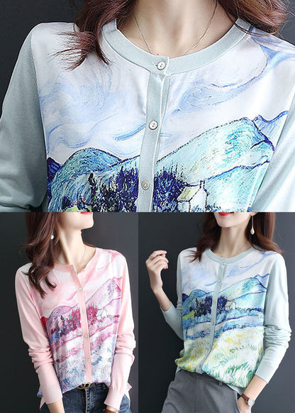 Light Blue Print Knit Cardigan O-neck Oversized Spring