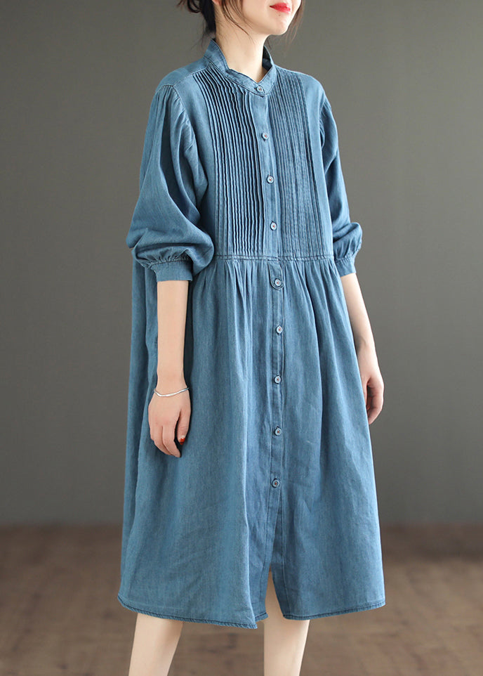 Light Blue Wrinkled Patchwork Denim O-neck Dress Long Sleeve