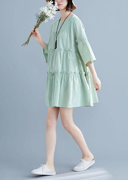 Light Green O-neck Ruffles Summer Cotton Vacation Dresses