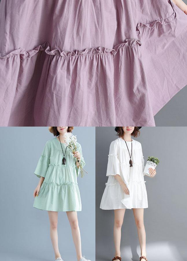 Light Green O-neck Ruffles Summer Cotton Vacation Dresses