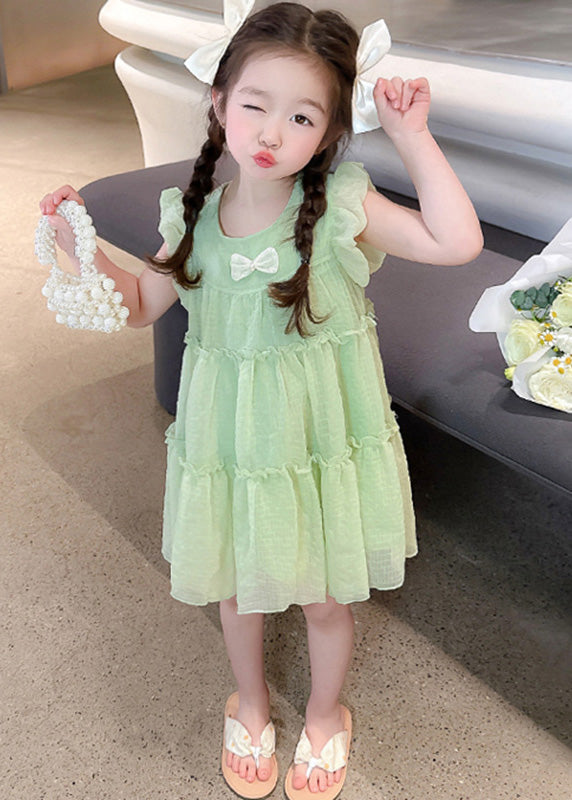 Light Green O-neck Tulle Mid Dresses Short Sleeve