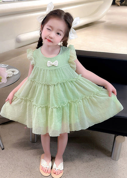 Light Green O-neck Tulle Mid Dresses Short Sleeve