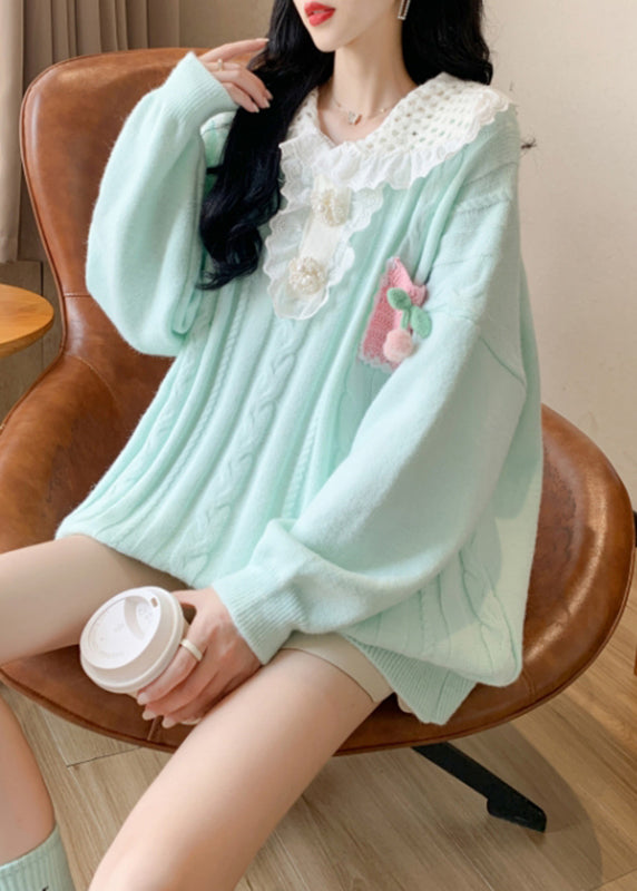 Light Green Patchwork Cotton Knit Sweater Long Sleeve