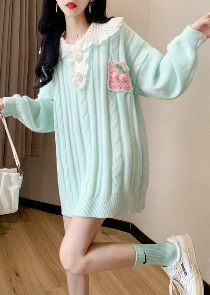 Light Green Patchwork Cotton Knit Sweater Long Sleeve