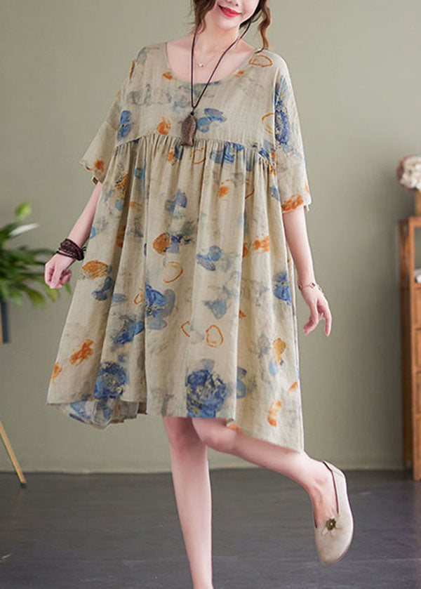 Light Green Print Patchwork Linen Loose Dress O-neck Short Sleeve