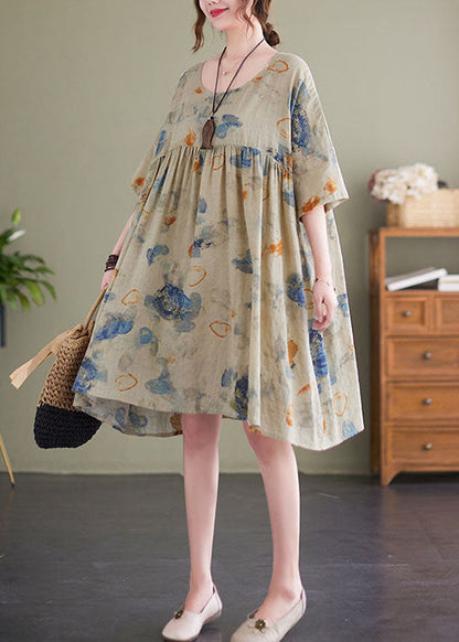 Light Green Print Patchwork Linen Loose Dress O-neck Short Sleeve