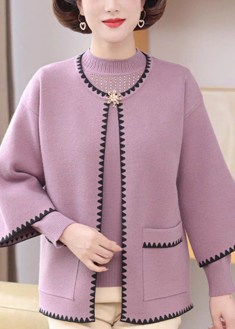 Light Purple O-neck Pockets Cotton Knit Coats and Sweaters Two-piece Set Spring