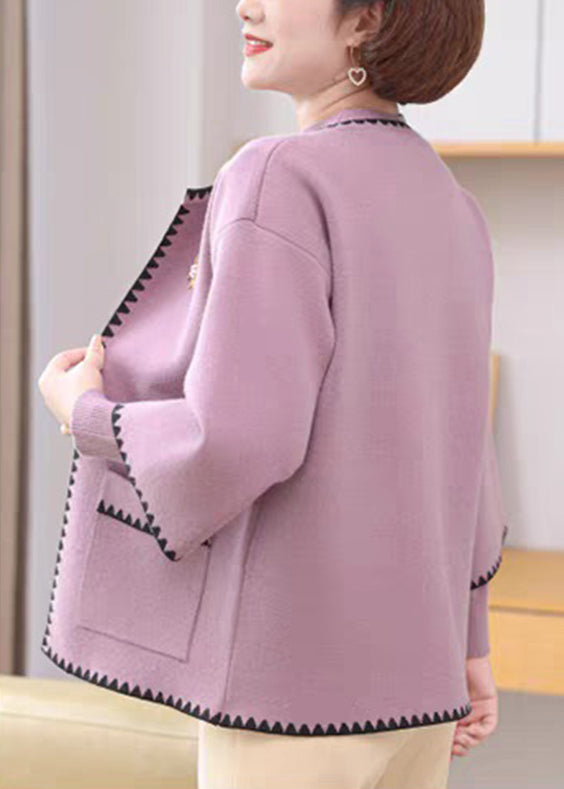 Light Purple O-neck Pockets Cotton Knit Coats and Sweaters Two-piece Set Spring