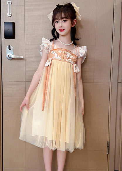 Light Yellow Square Collar Patchwork Tulle Long Dresses Summer