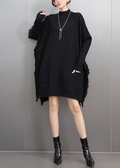 Looose Black Turtleneck Pockets Thick Cotton Knit Sweater Winter
