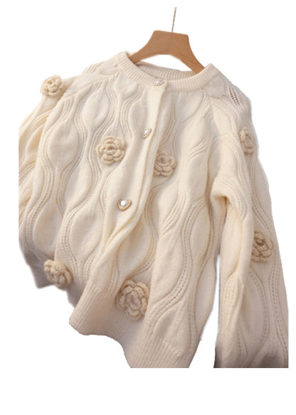 Loose Apricot Button Cotton Knit Coats Long Sleeve