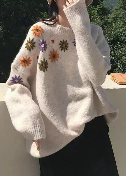 Loose Apricot O-neck Embroideried Cozy Thick Knit Sweaters Fall