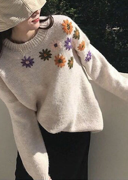 Loose Apricot O-neck Embroideried Cozy Thick Knit Sweaters Fall