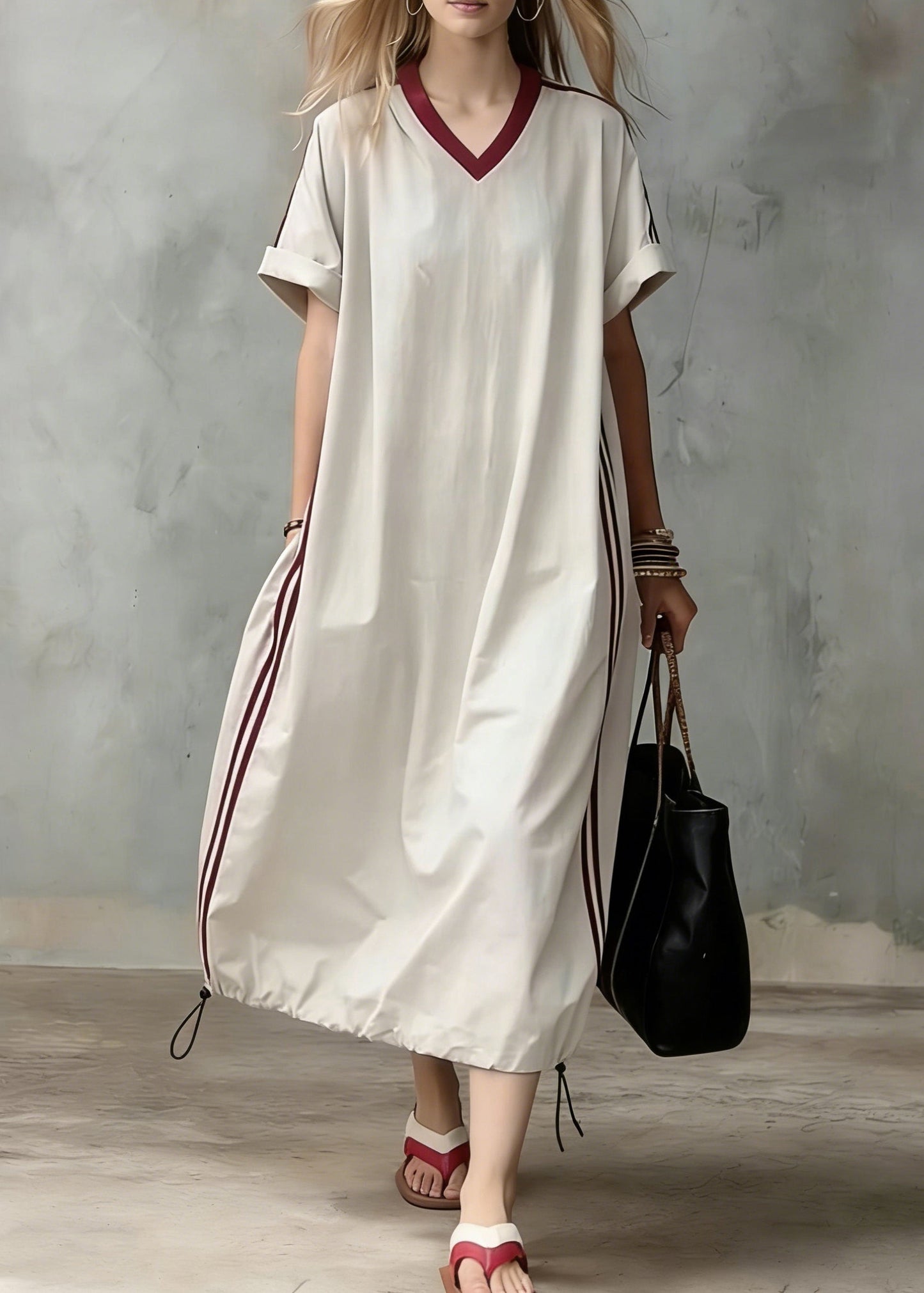 Loose Apricot Striped Pockets Drawstring Cotton Long Dress Summer