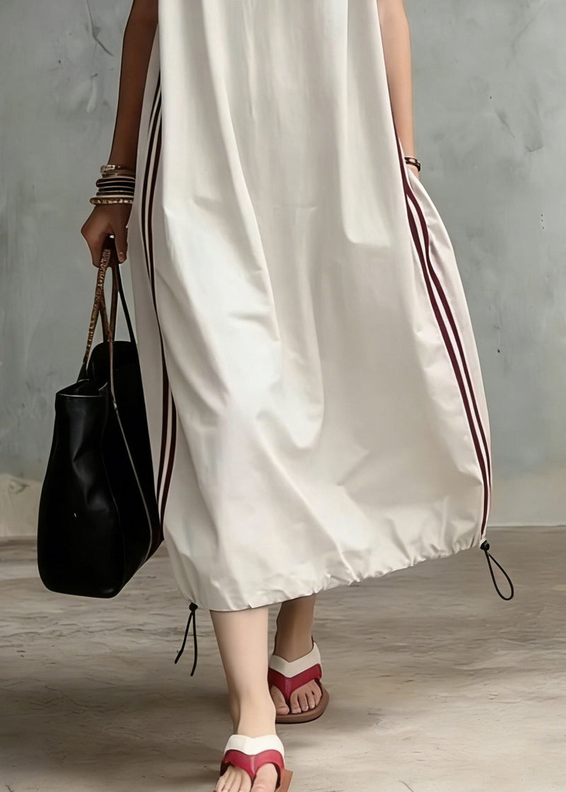 Loose Apricot Striped Pockets Drawstring Cotton Long Dress Summer